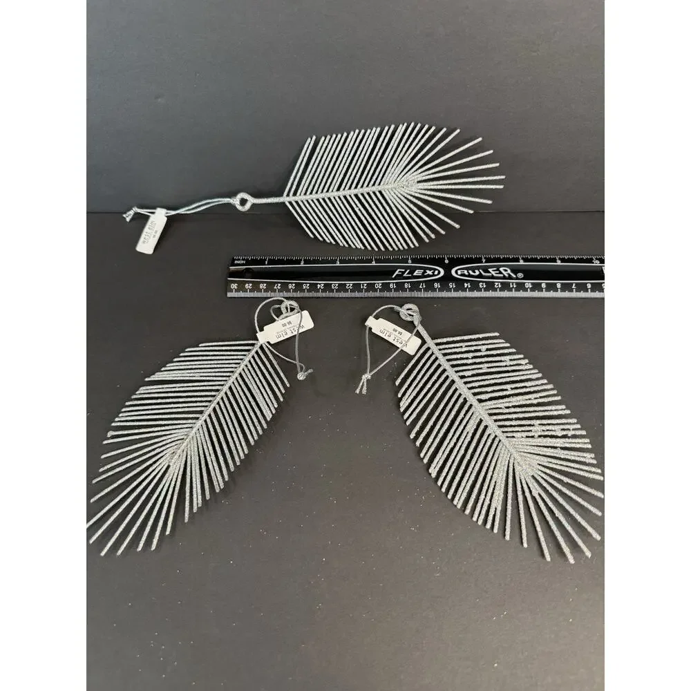 West Elm Silver Glitter Feather Ornaments Set of 3 Modern Holiday Christmas